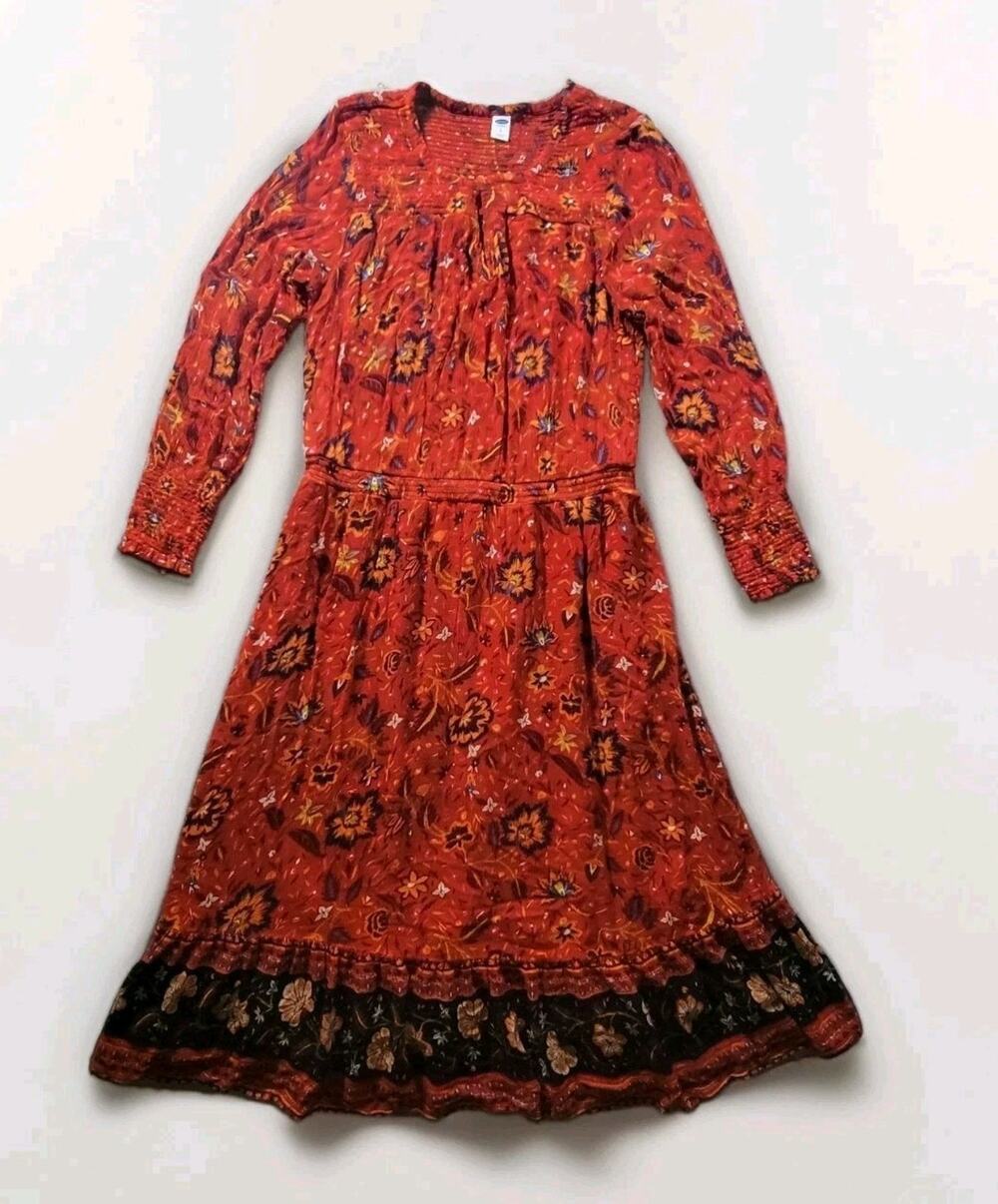 Old Navy L Boho Long Sleeve Midi Peasant Sundress Smocked Floral Rust Red